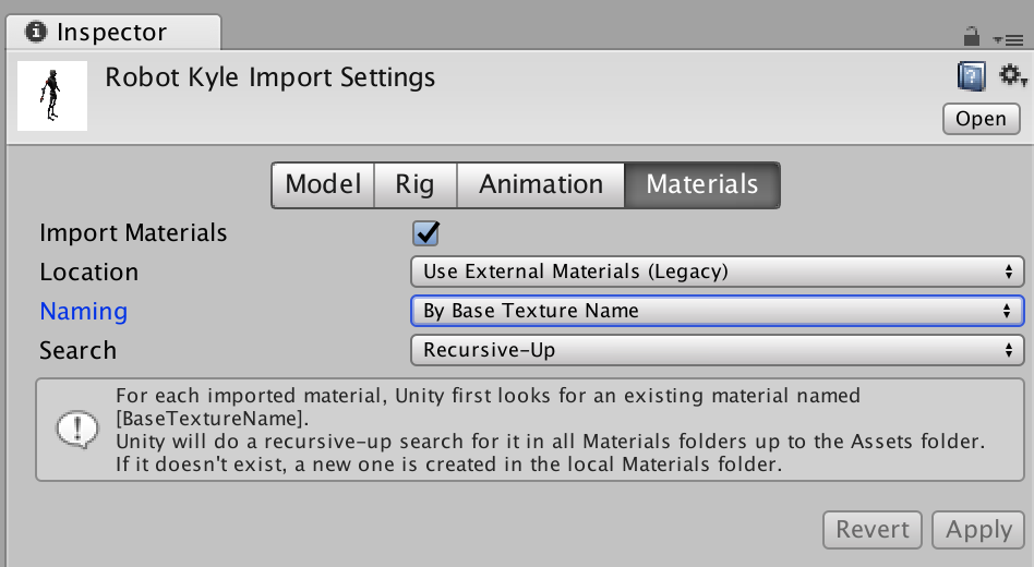 Unity Kyle Import Settings Materials 1